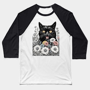 retro black cat flowers Baseball T-Shirt